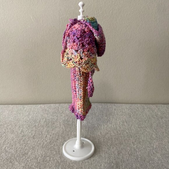 Handmade Crochet Pink Multicolour Dress+Cape+Belt for 29cm Doll 3-Piece Outfit - Picture 2 of 13